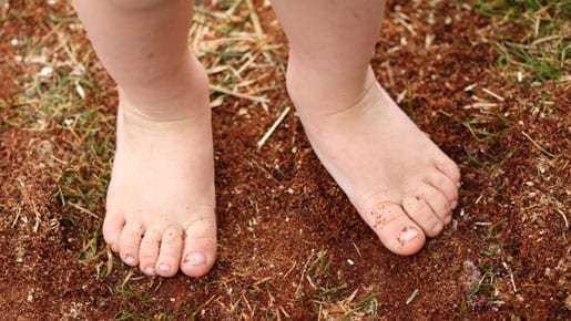 a child's bare feet on the brown soil