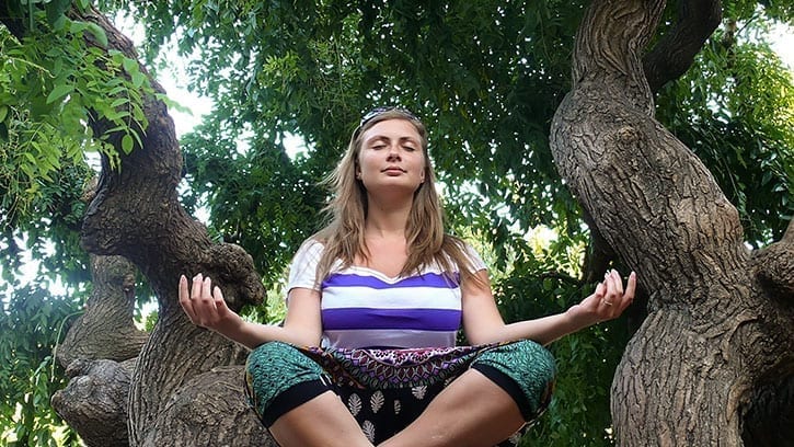 woman meditating in tree branches