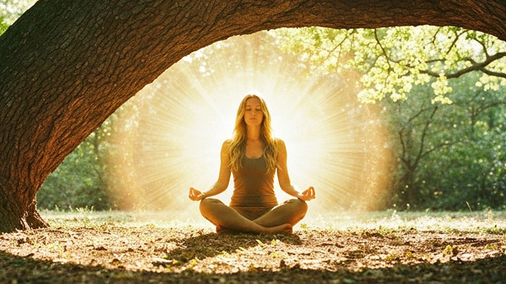 woman meditating under the tree in a golden aura